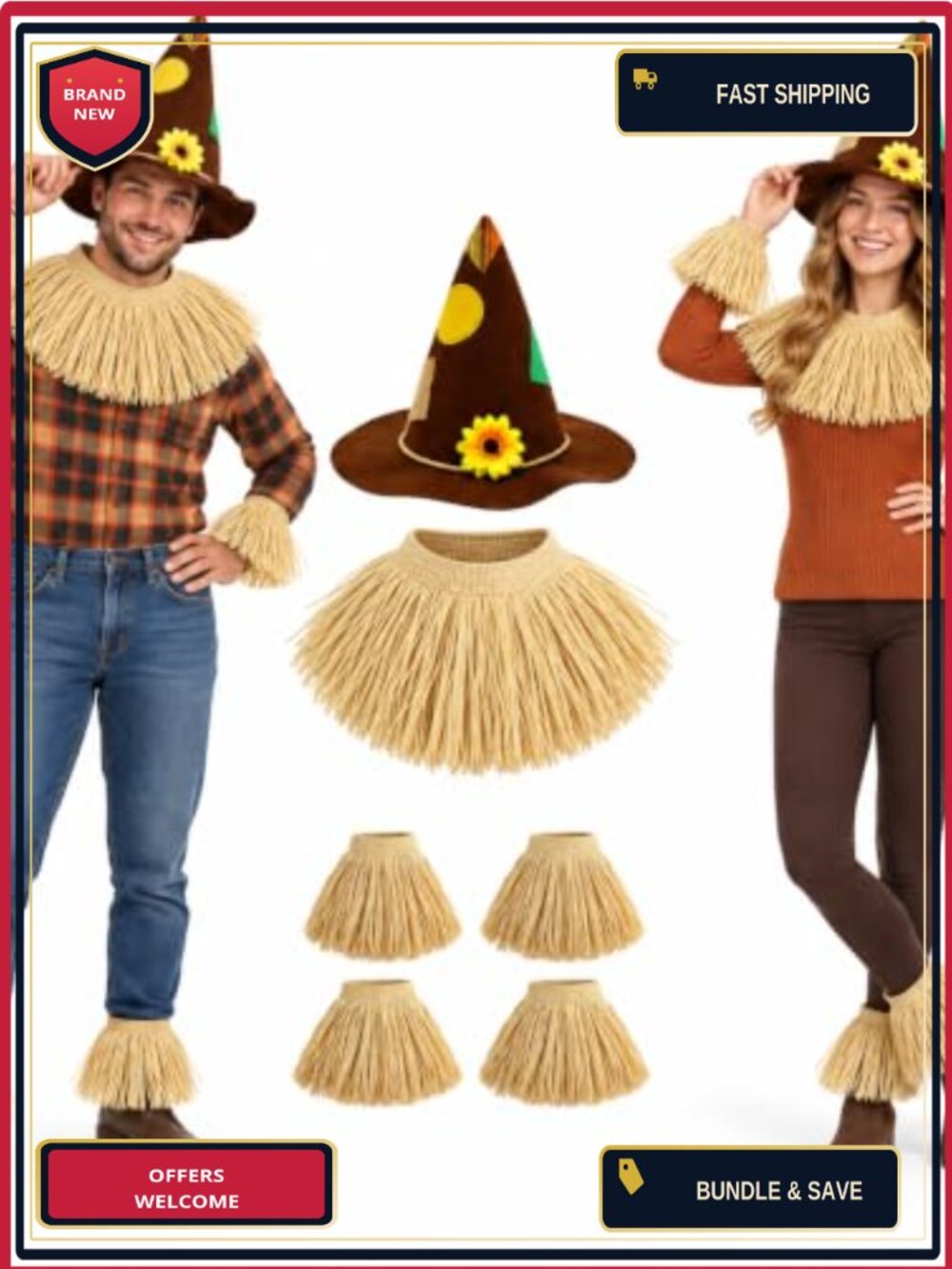 Scarecrow Costume Accessory Set Felt Raffia Hat Arm Ankle Bands Halloween